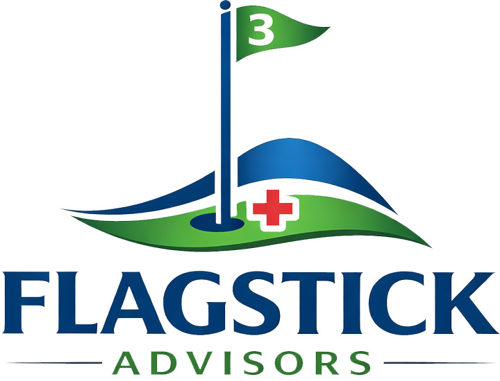 Flagstick Advisors full logo featuring a golf flagstick with a green number 3 flag on a putting green with a red medical cross, above the text 'Flagstick Advisors' in bold navy and green lettering.